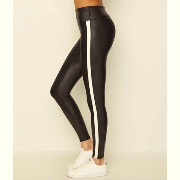 Spanx Faux Leather Leggings Track Stripe Size Medium Black High Rise 20187R